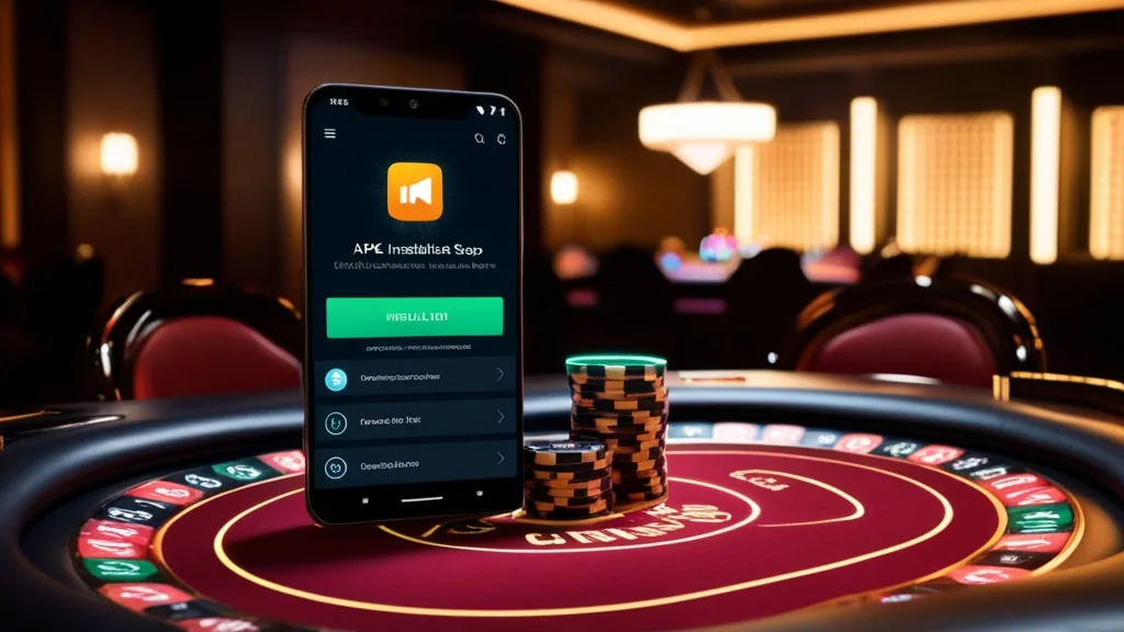 Κινητό Android με οθόνη εγκατάστασης APK σε σκοτεινό καζίνο