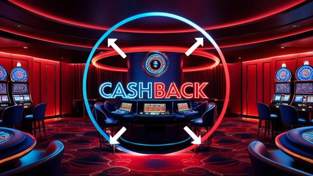 Σκοτεινό καζίνο με σύμβολο cashback και φώτα γύρω από φρουτάκια