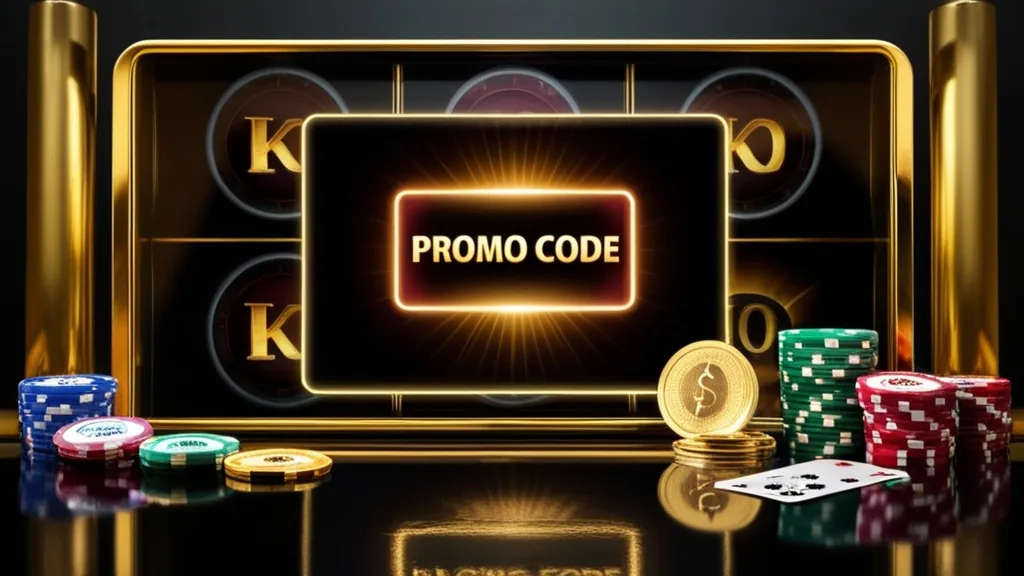Νεον κάρτα promo code σε σκοτεινό καζίνο με φρουτάκια στο βάθος