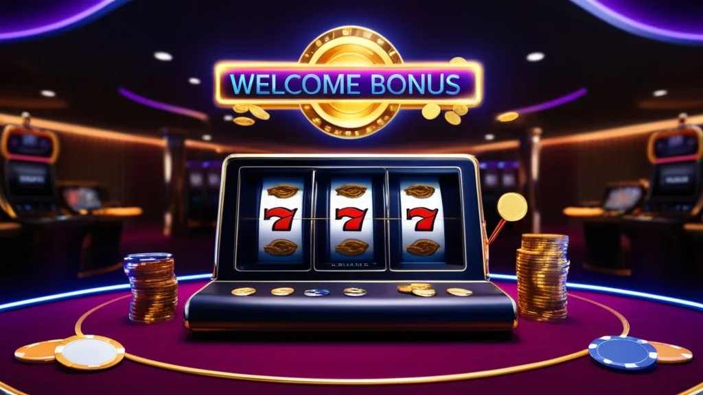 Σκοτεινή αίθουσα καζίνο με φωτεινό welcome bonus πάνω από μηχάνημα φρουτάκια